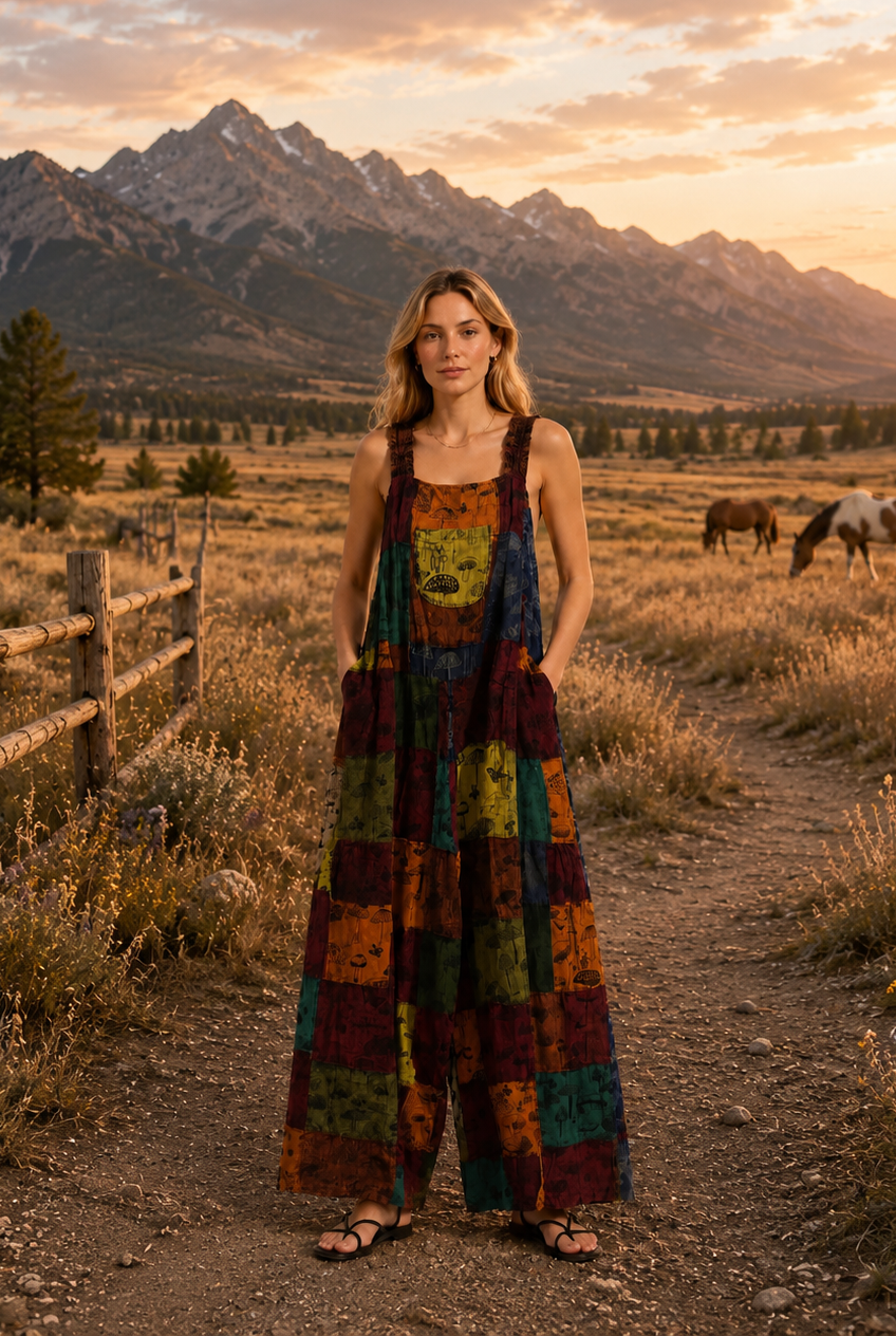 Enchanted Mushroom Patchwork Overalls