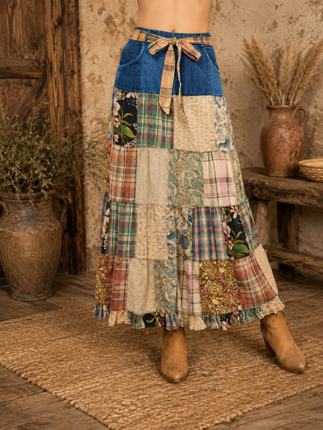 Wildflower Patchwork Belted Skirt
