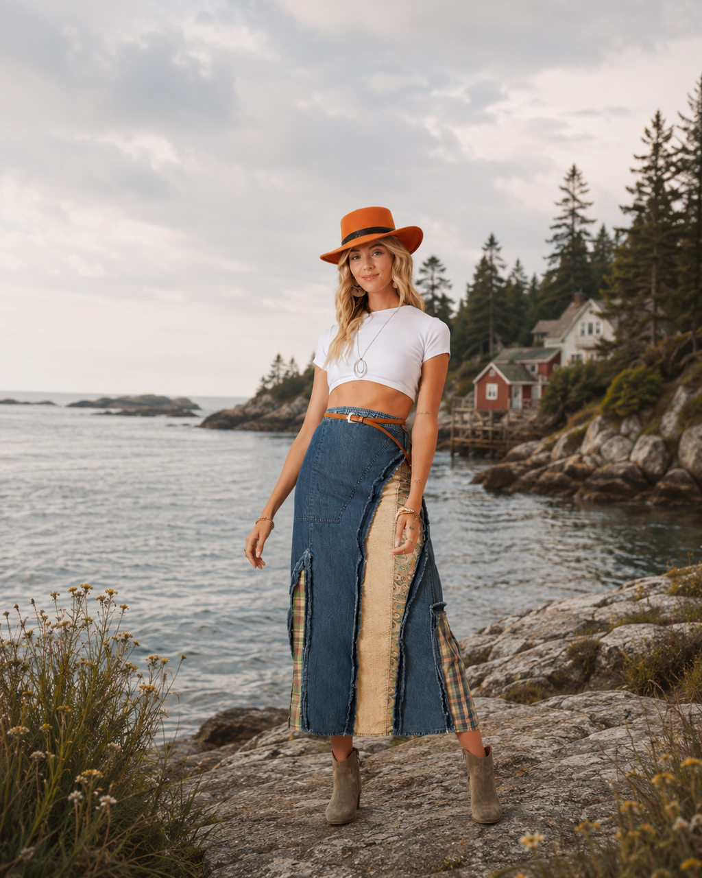 Prairie Moon Patch Inserted Denim Midi Skirt