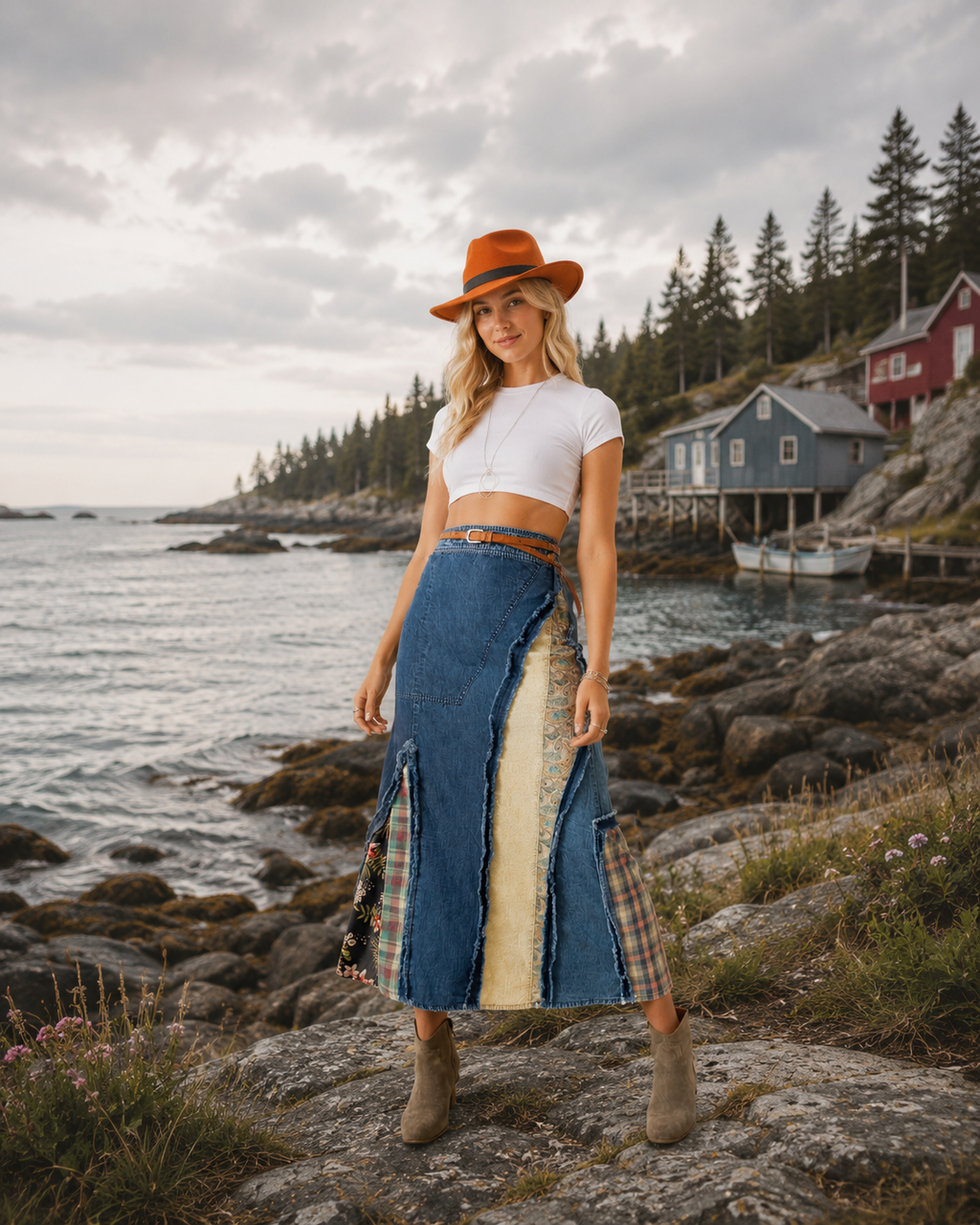 Prairie Moon Patch Inserted Denim Midi Skirt