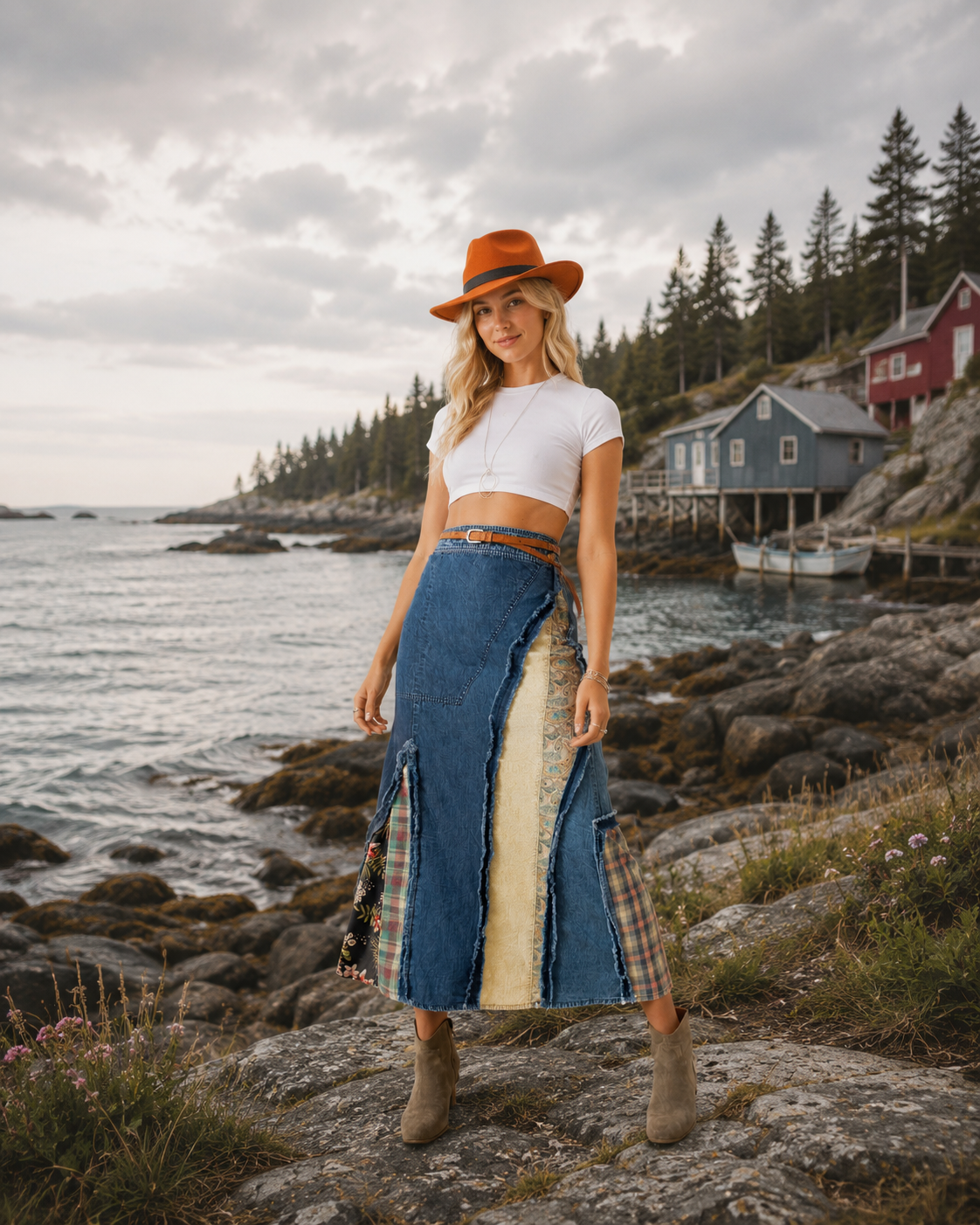 Prairie Moon Patch Inserted Denim Midi Skirt