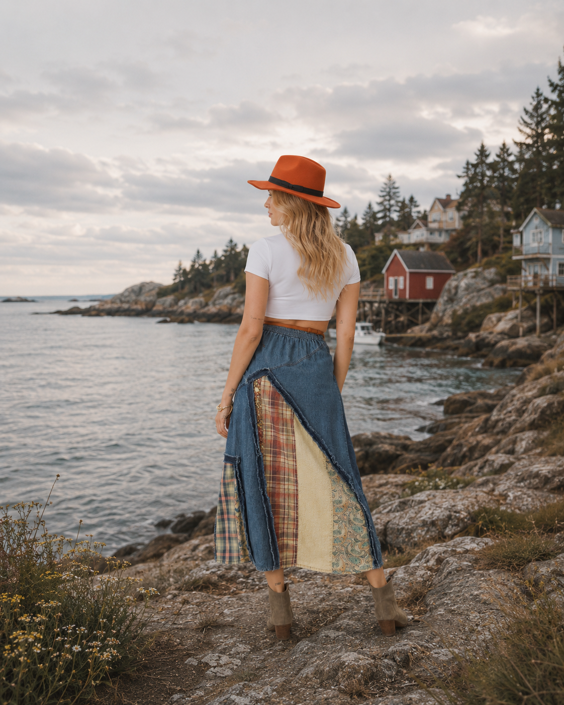 Prairie Moon Patch Inserted Denim Midi Skirt