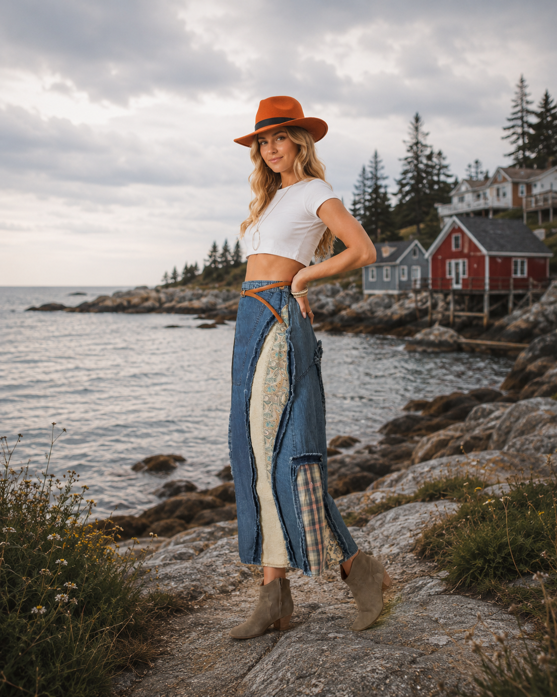 Prairie Moon Patch Inserted Denim Midi Skirt