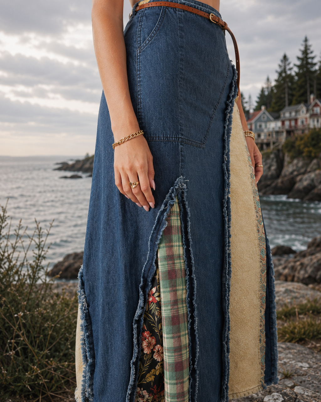 Prairie Moon Patch Inserted Denim Midi Skirt