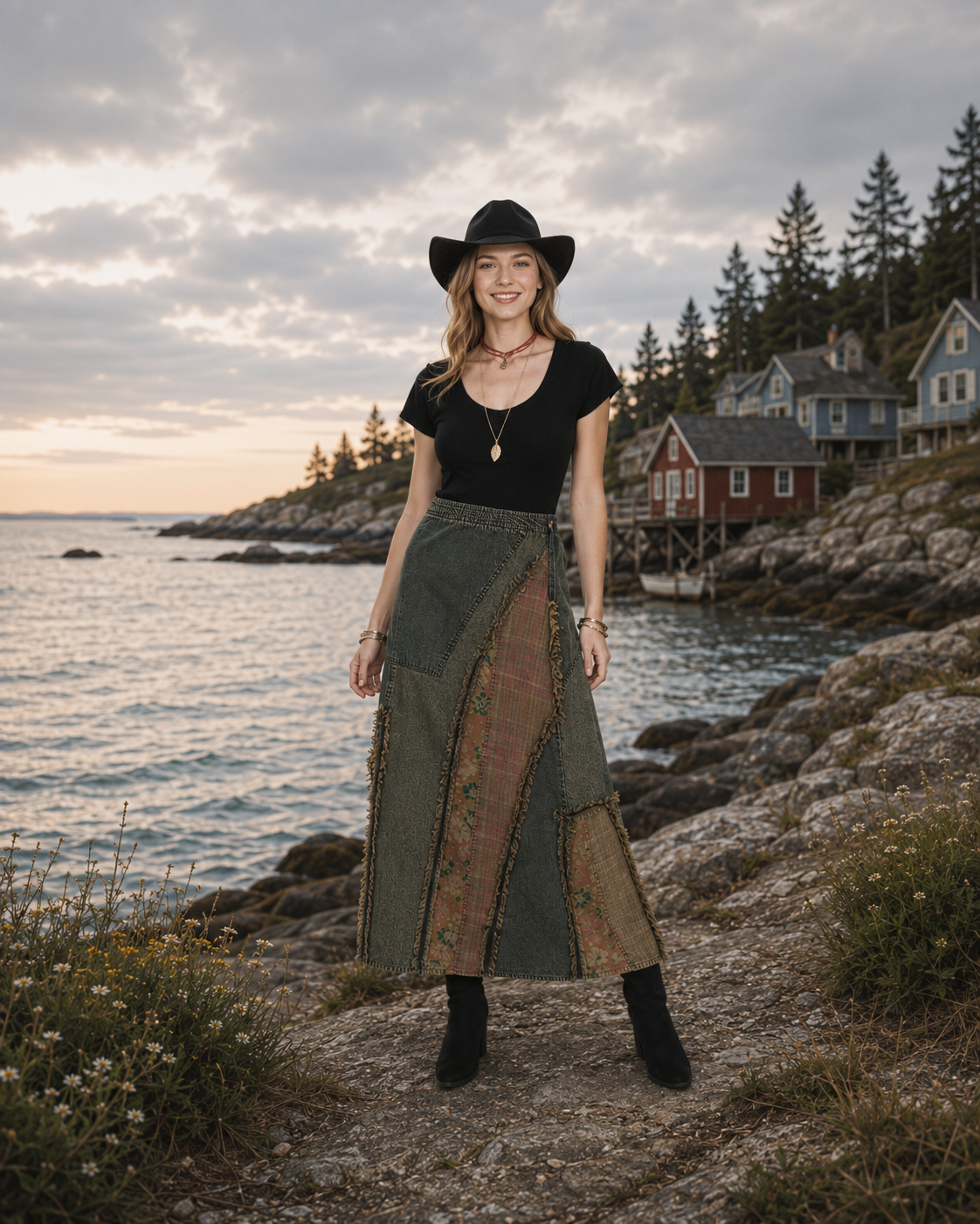Prairie Moon Patch Inserted Denim Midi Skirt