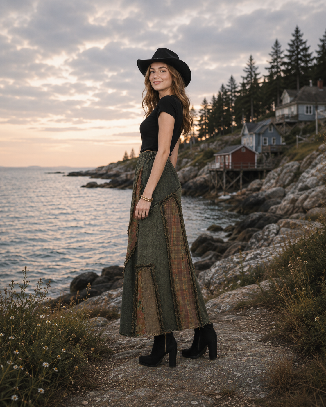 Prairie Moon Patch Inserted Denim Midi Skirt