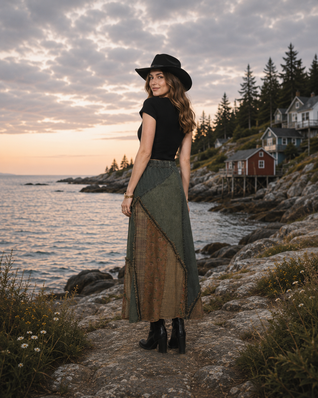 Prairie Moon Patch Inserted Denim Midi Skirt