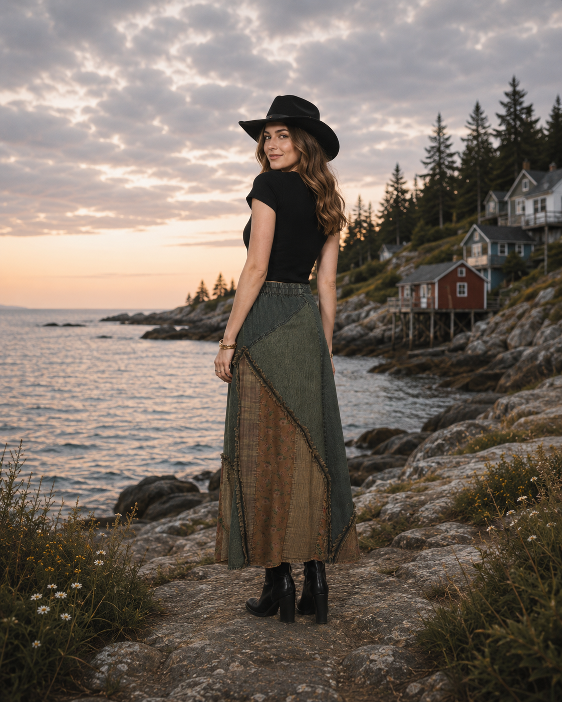 Prairie Moon Patch Inserted Denim Midi Skirt