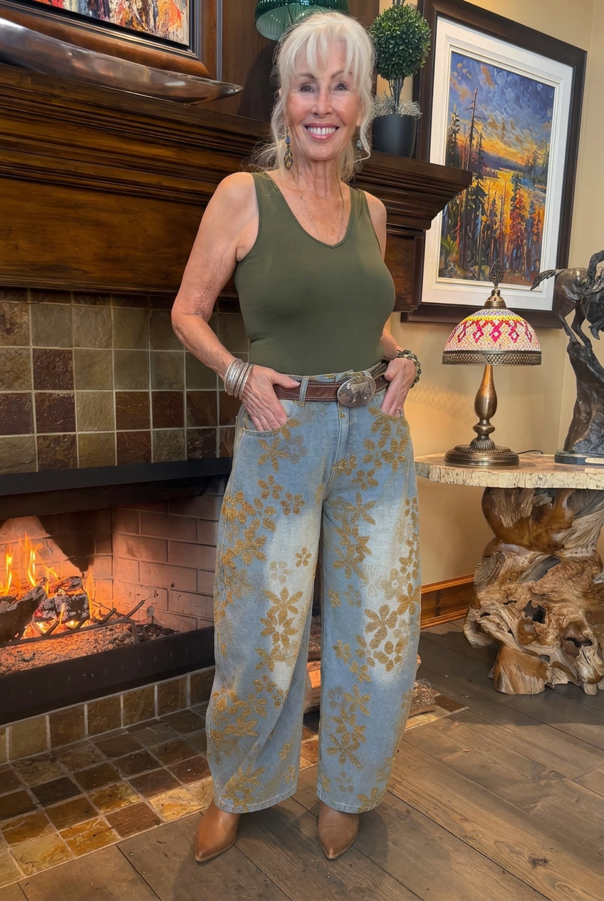 Front view of Gypsy Wildflower Barrel Jeans in light wash