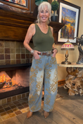 Front view of Gypsy Wildflower Barrel Jeans in light wash